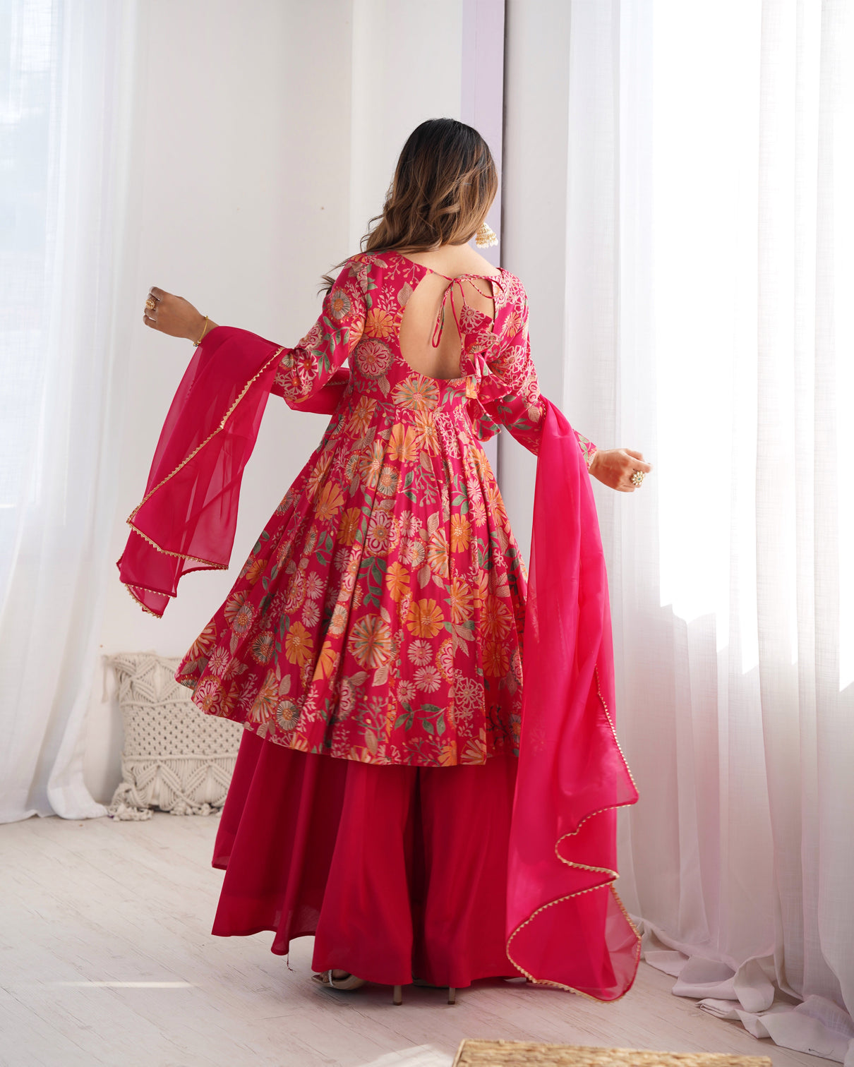 Pink Chanderi Printed Kediya Kurta Palazzo