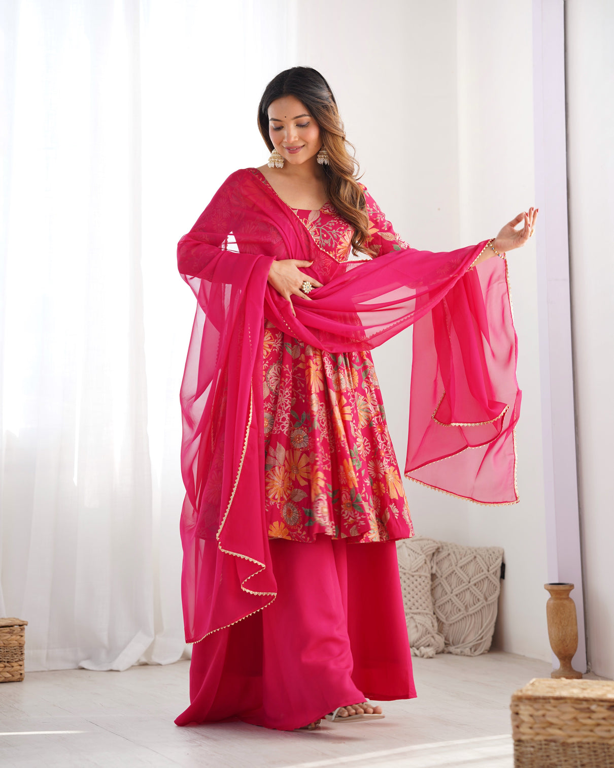 Pink Chanderi Printed Kediya Kurta Palazzo