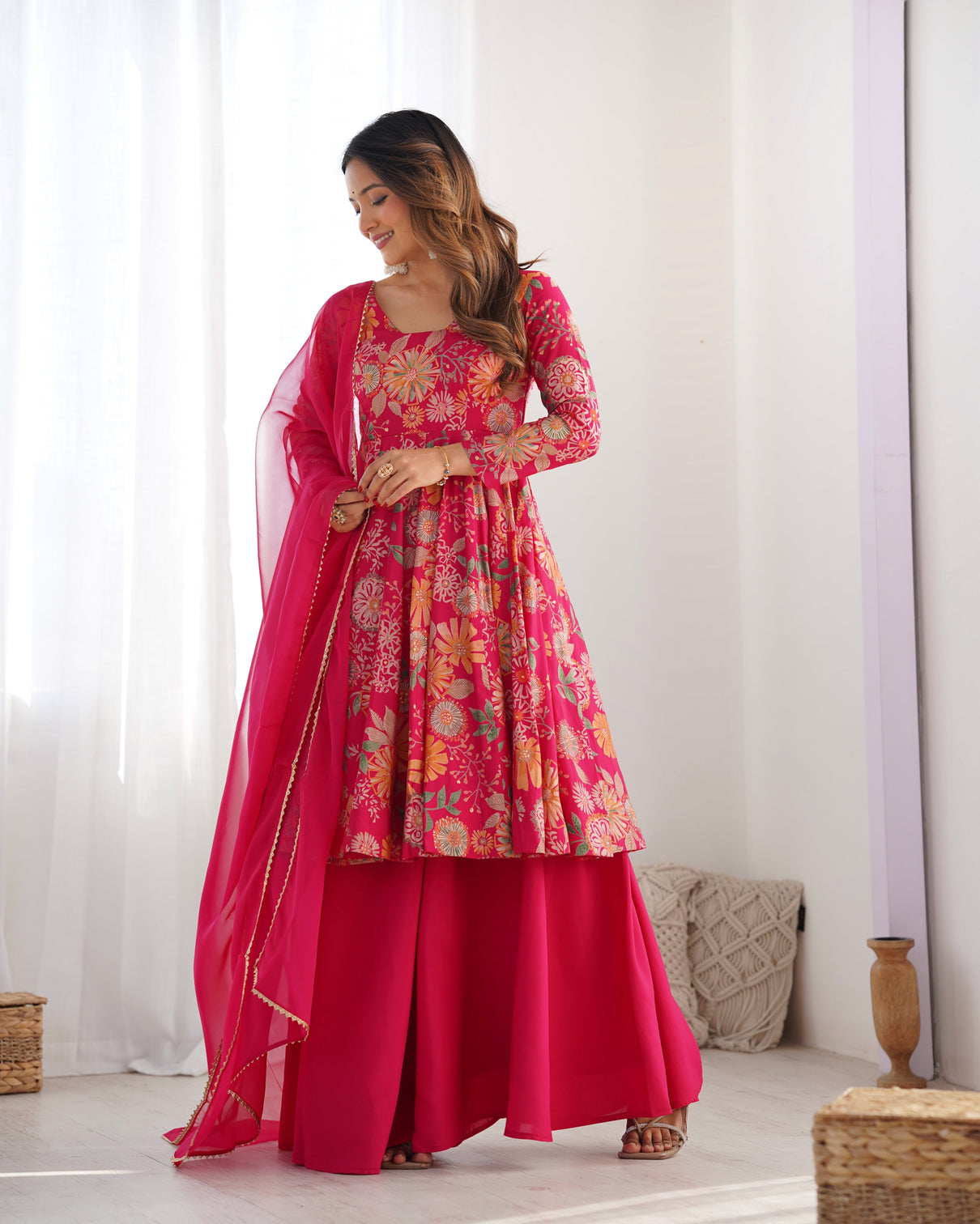 Pink Chanderi Printed Kediya Kurta Palazzo
