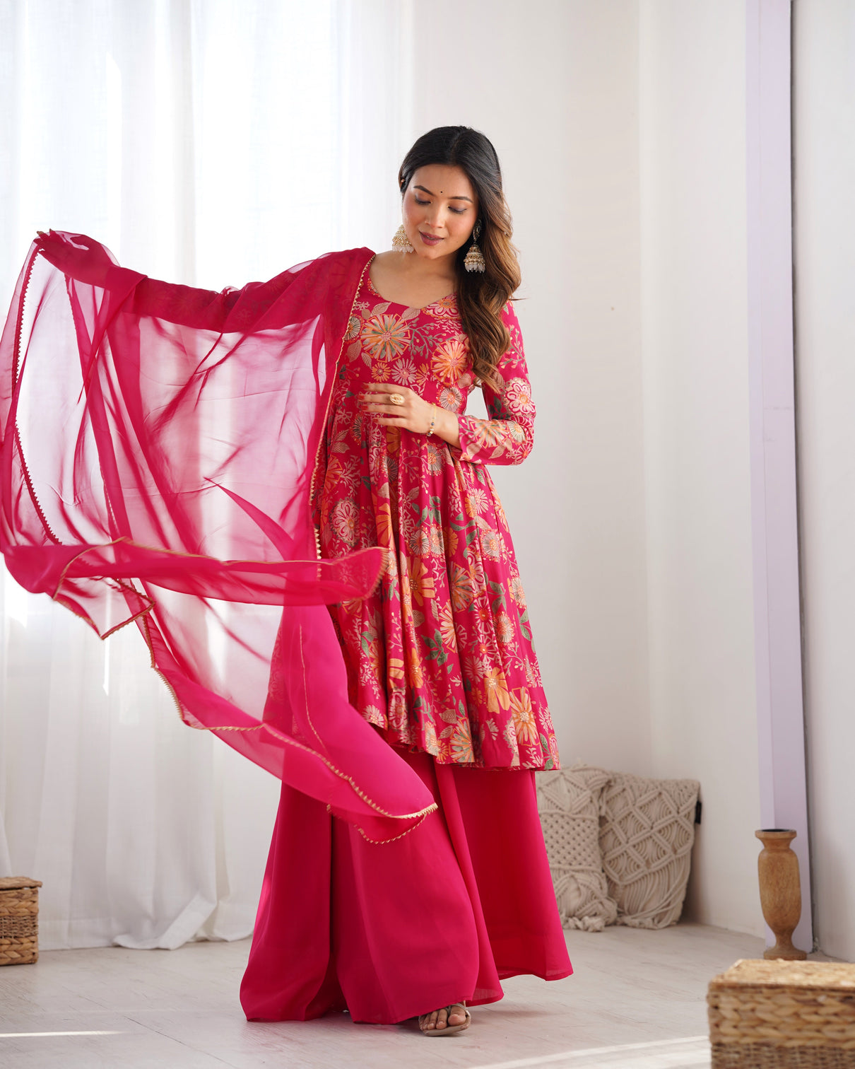 Pink Chanderi Printed Kediya Kurta Palazzo