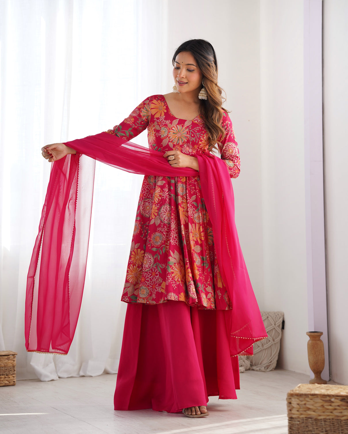 Pink Chanderi Printed Kediya Kurta Palazzo