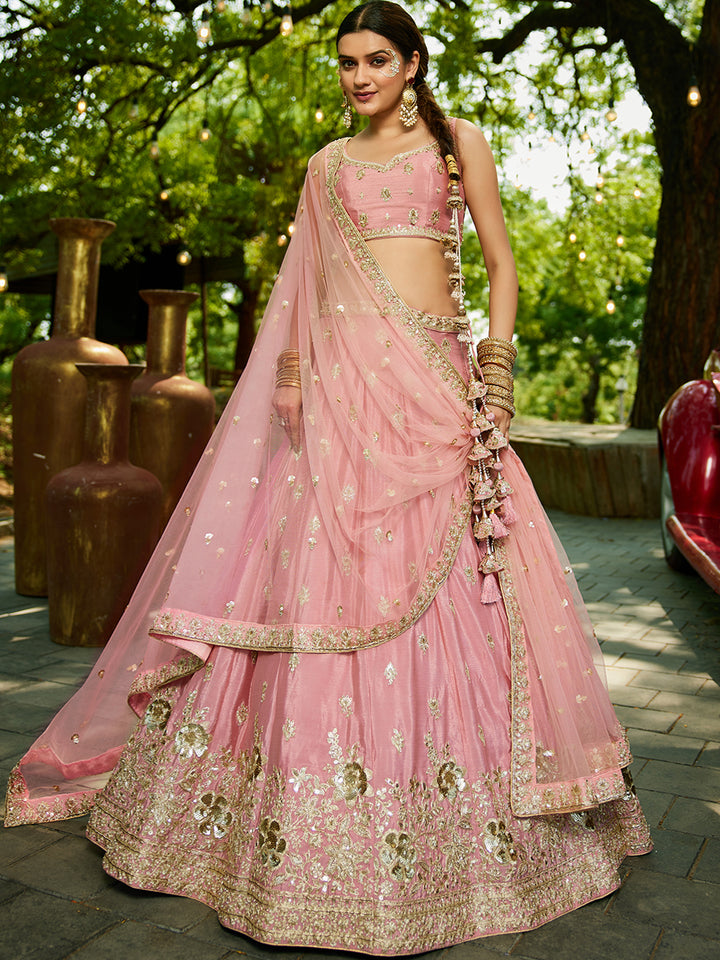 Pink Chiffon Semi-Stitched Lehenga Choli Set with Heavy Sequin & Embroidery