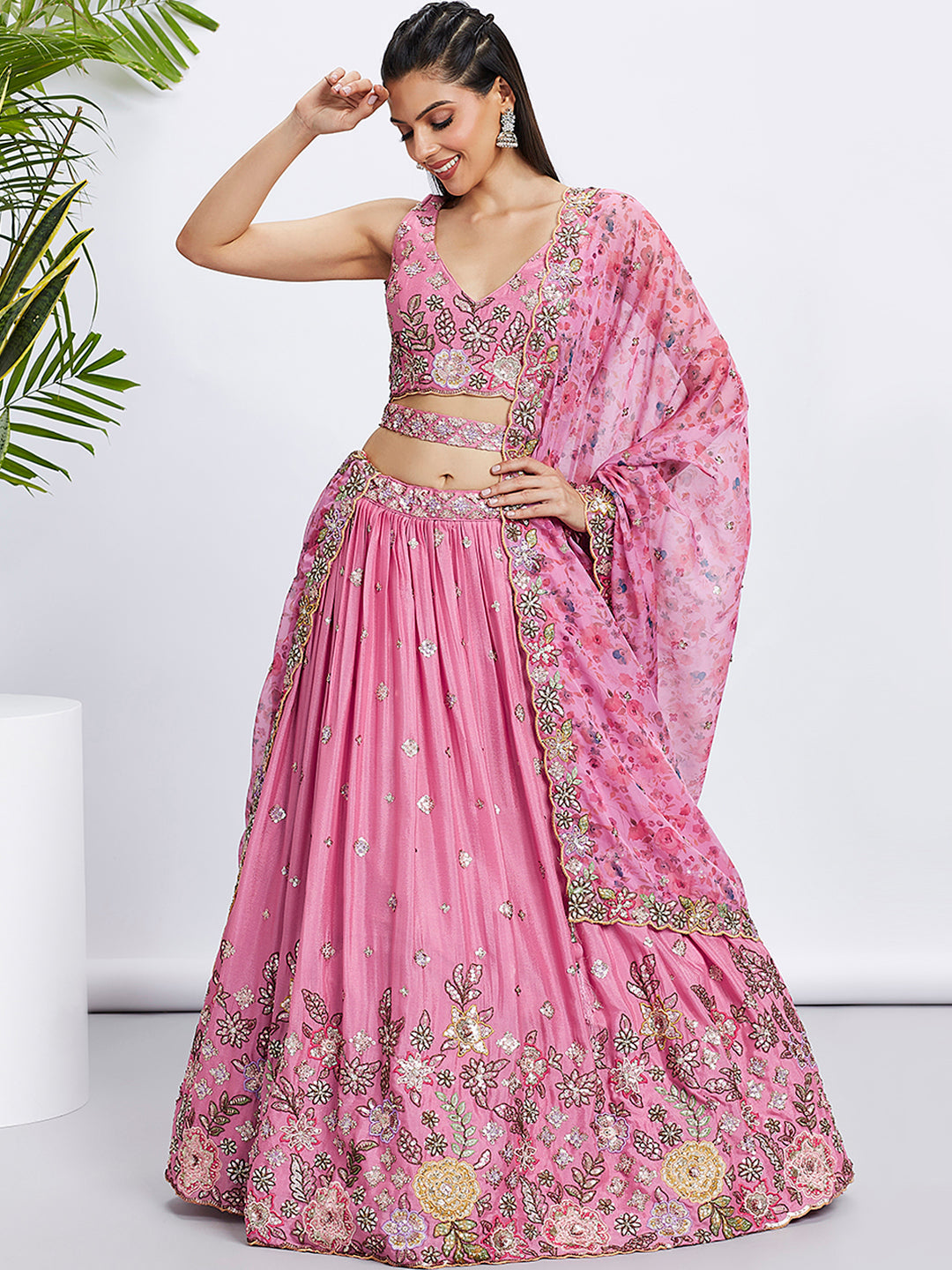 Pink Chiffon Sequined Lehenga Choli Set with Thread Embroidery & Printed Dupatta