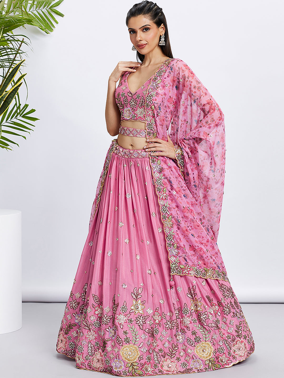 Pink Chiffon Sequined Lehenga Choli Set with Thread Embroidery & Printed Dupatta