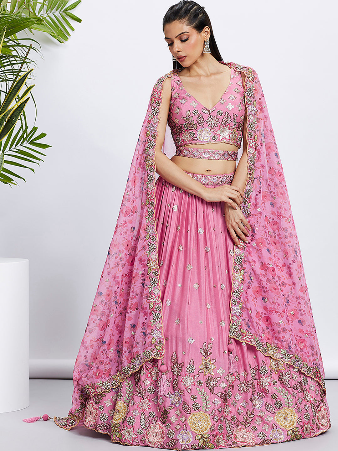 Pink Chiffon Sequined Lehenga Choli Set with Thread Embroidery & Printed Dupatta