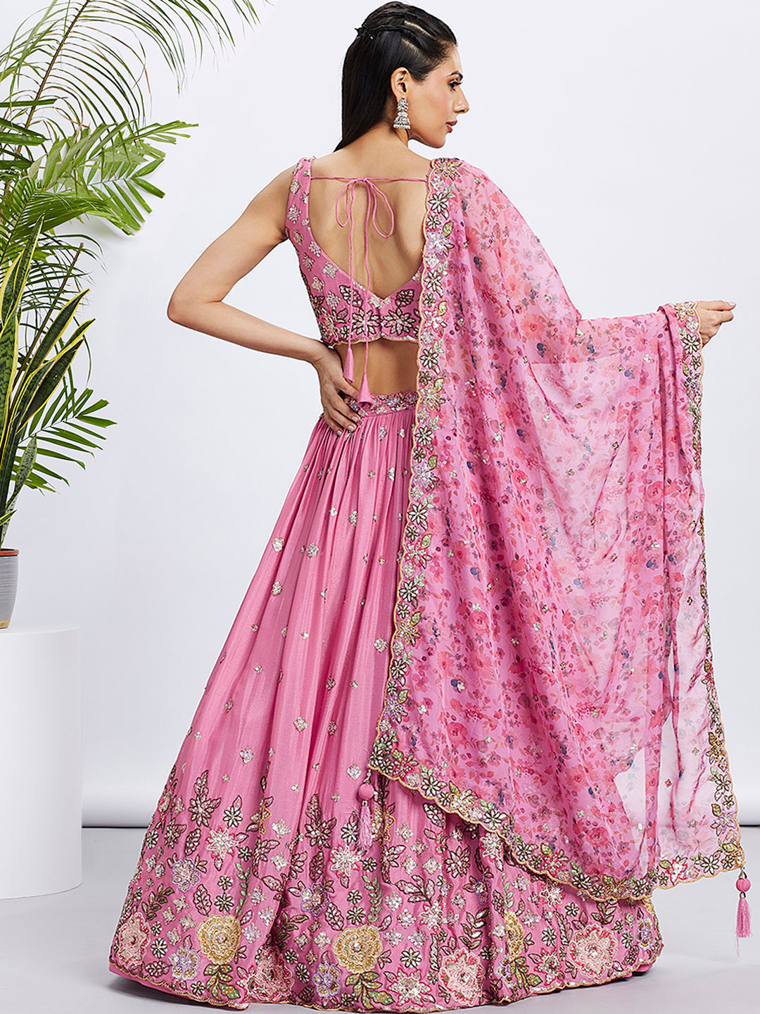 Pink Chiffon Sequined Lehenga Choli Set with Thread Embroidery & Printed Dupatta