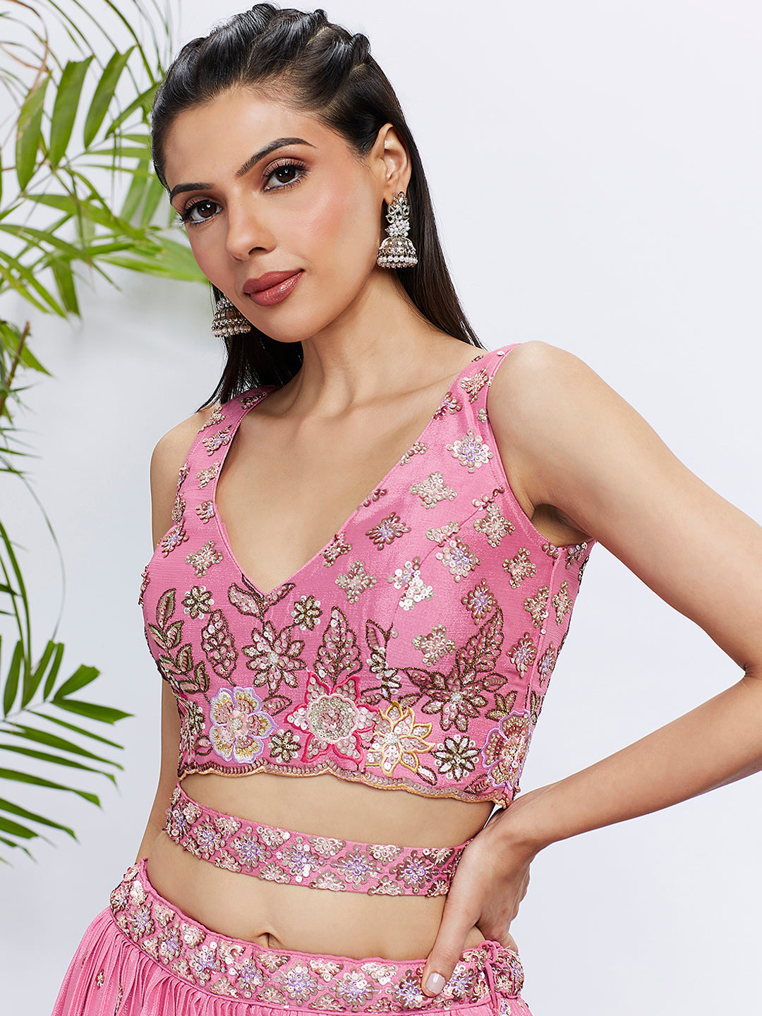 Pink Chiffon Sequined Lehenga Choli Set with Thread Embroidery & Printed Dupatta