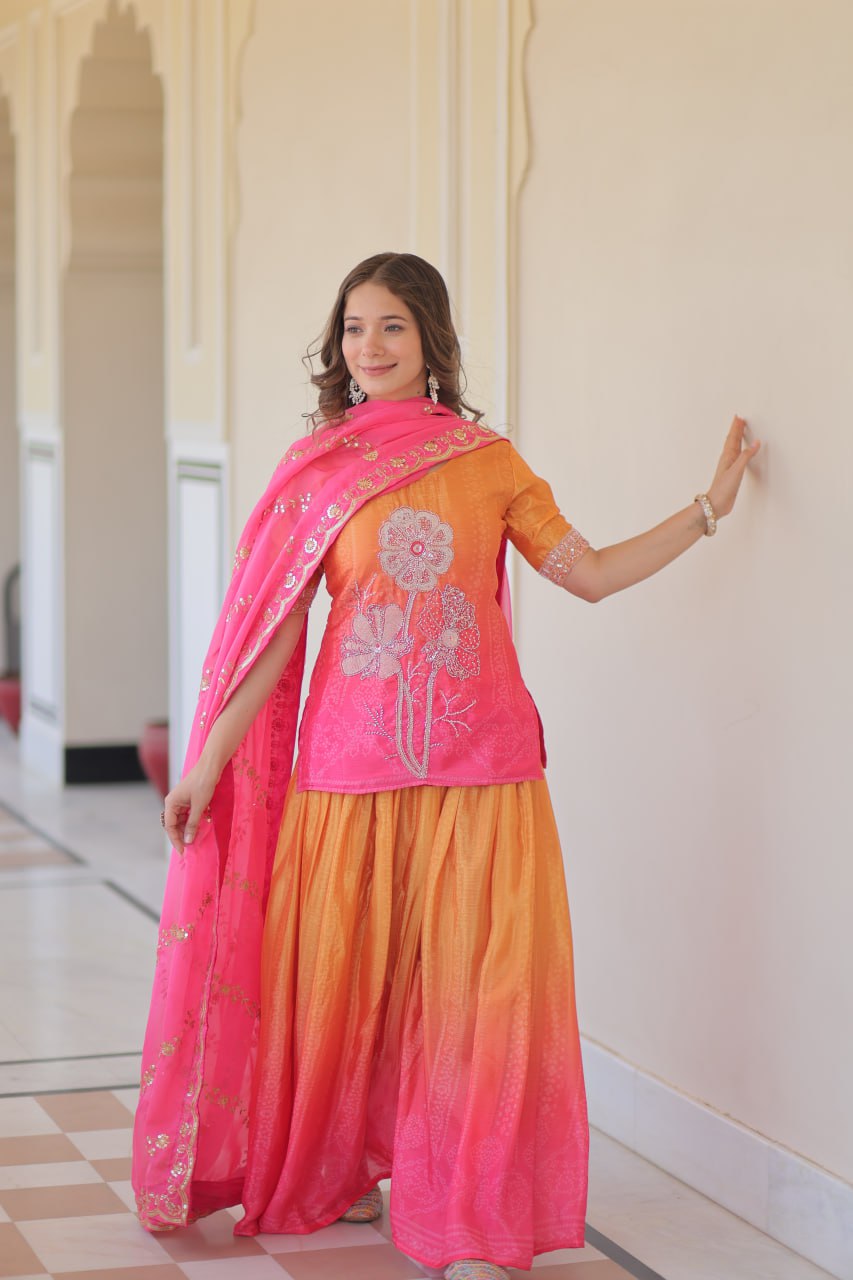 Pink Chinnon Print Kurti Set with Rich Beads Embroidery & Tebby Silk Dupatta – 3-Piece Ethnic Wear for Women