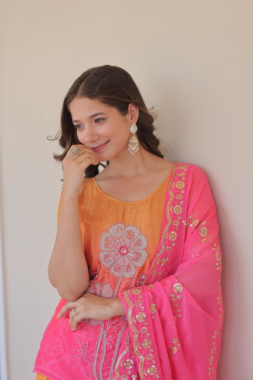 Pink Chinnon Print Kurti Set with Rich Beads Embroidery & Tebby Silk Dupatta – 3-Piece Ethnic Wear for Women