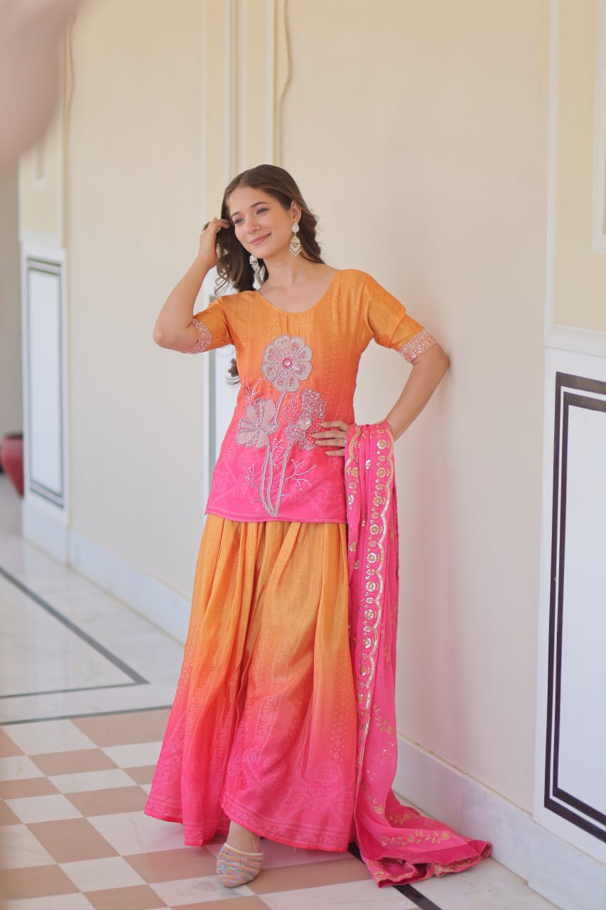 Pink Chinnon Print Kurti Set with Rich Beads Embroidery & Tebby Silk Dupatta – 3-Piece Ethnic Wear for Women