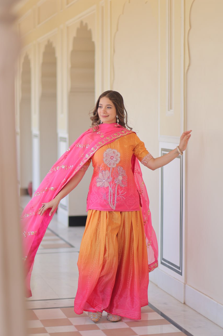 Pink Chinnon Print Kurti Set with Rich Beads Embroidery & Tebby Silk Dupatta – 3-Piece Ethnic Wear for Women