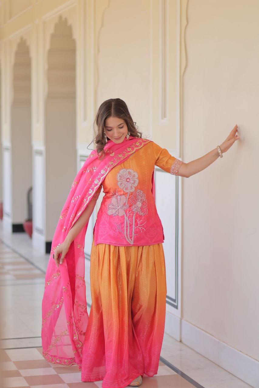 Pink Chinnon Print Kurti Set with Rich Beads Embroidery & Tebby Silk Dupatta – 3-Piece Ethnic Wear for Women