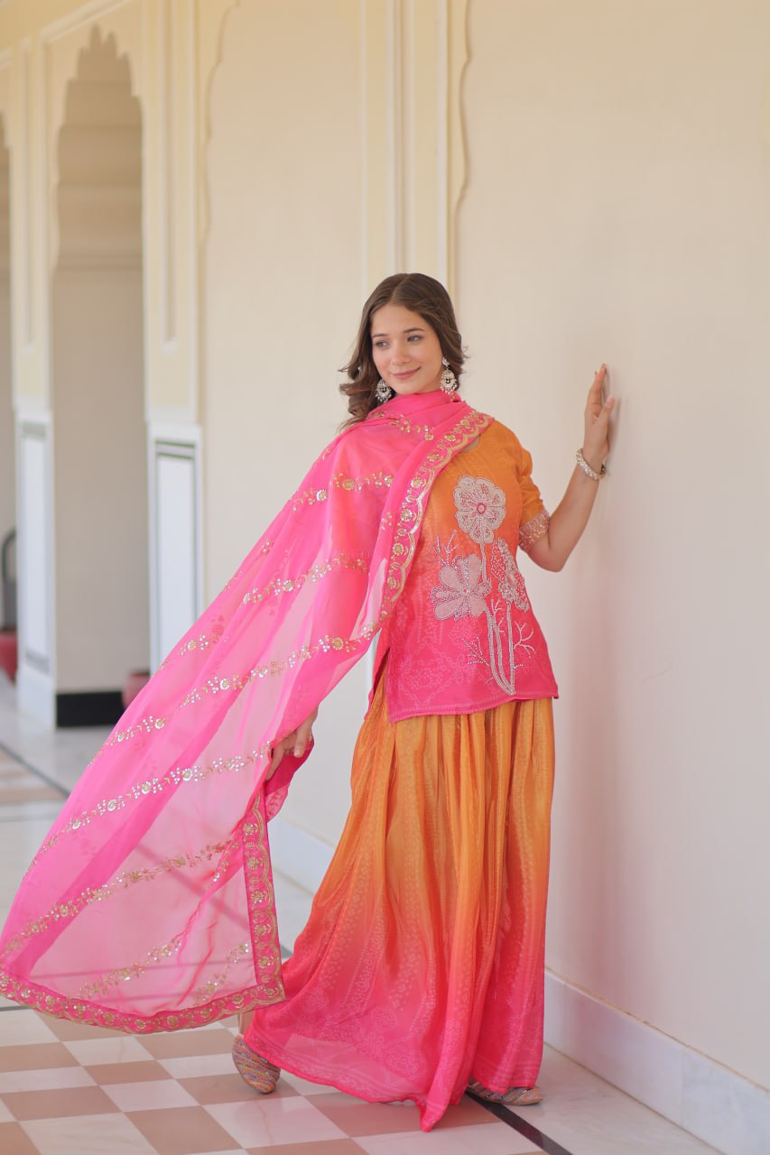 Pink Chinnon Print Kurti Set with Rich Beads Embroidery & Tebby Silk Dupatta – 3-Piece Ethnic Wear for Women