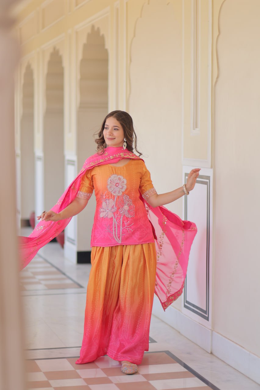 Pink Chinnon Print Kurti Set with Rich Beads Embroidery & Tebby Silk Dupatta – 3-Piece Ethnic Wear for Women