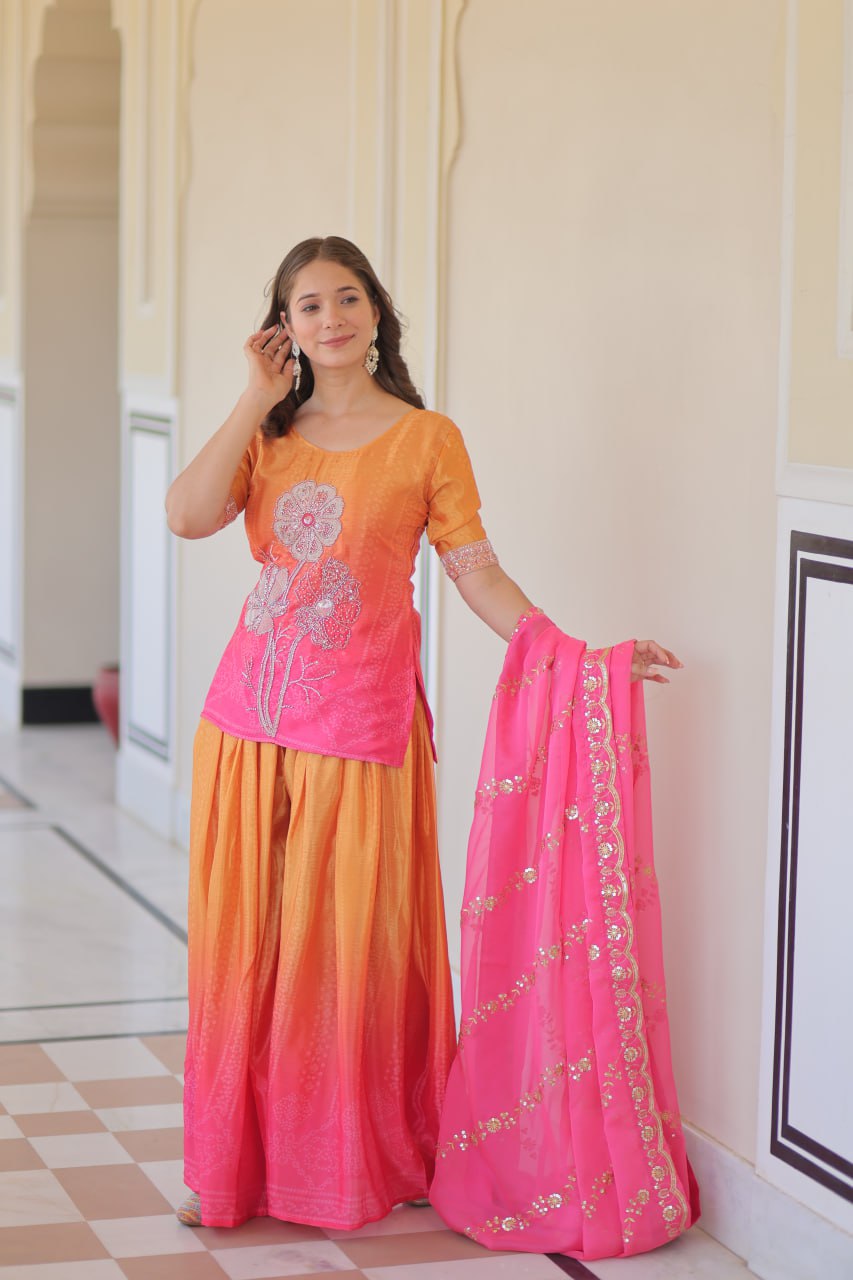 Pink Chinnon Print Kurti Set with Rich Beads Embroidery & Tebby Silk Dupatta – 3-Piece Ethnic Wear for Women