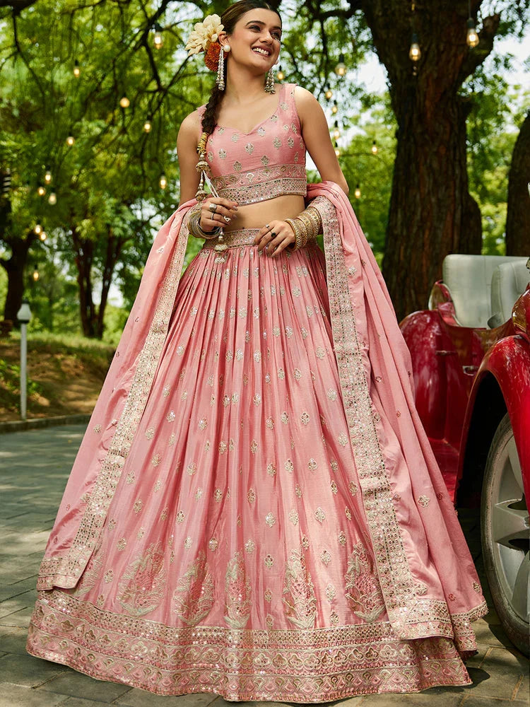Pink Chinnon Semi-Stitched Lehenga Choli Set with Heavy Sequins & Embroidered Dupatta