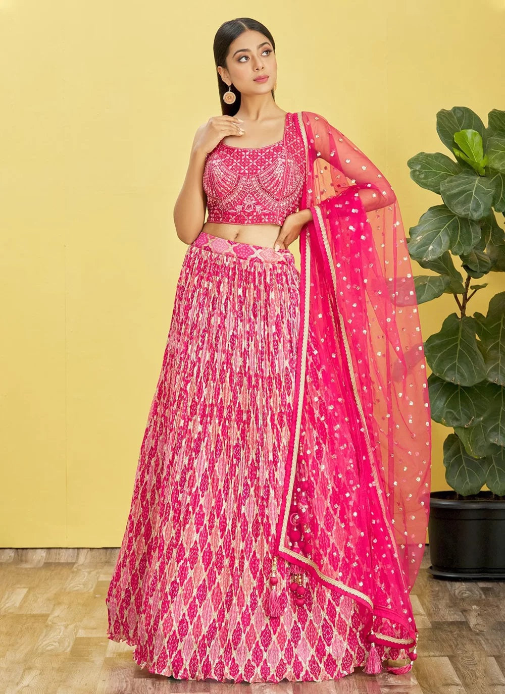 Pink chinnon sequins embroidered and digital printed lehenga