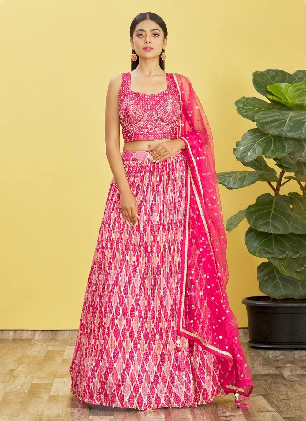 Pink chinnon sequins embroidered and digital printed lehenga