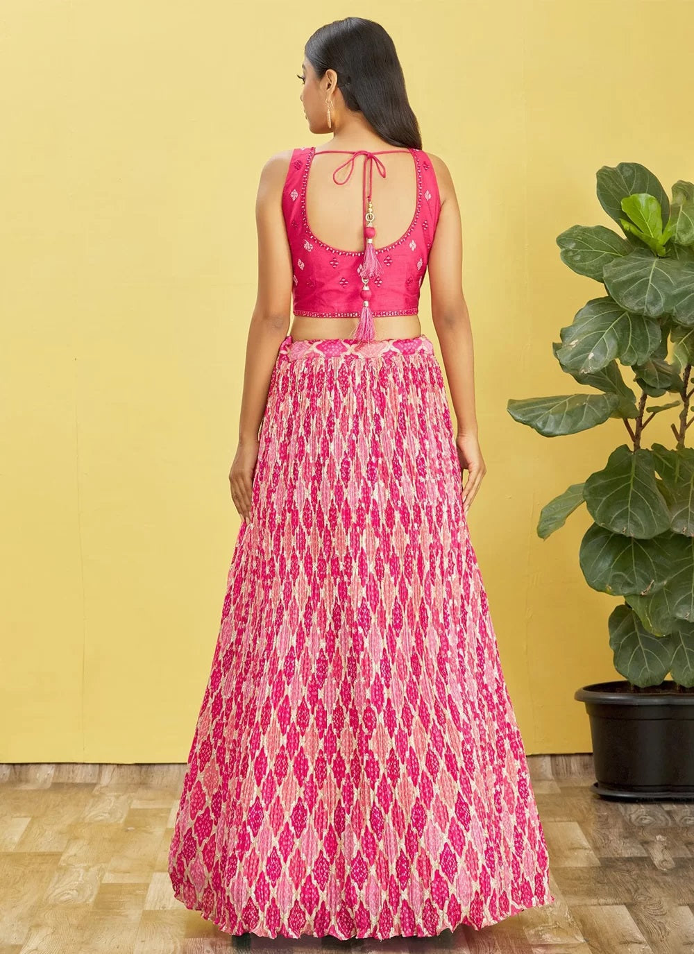 Pink chinnon sequins embroidered and digital printed lehenga