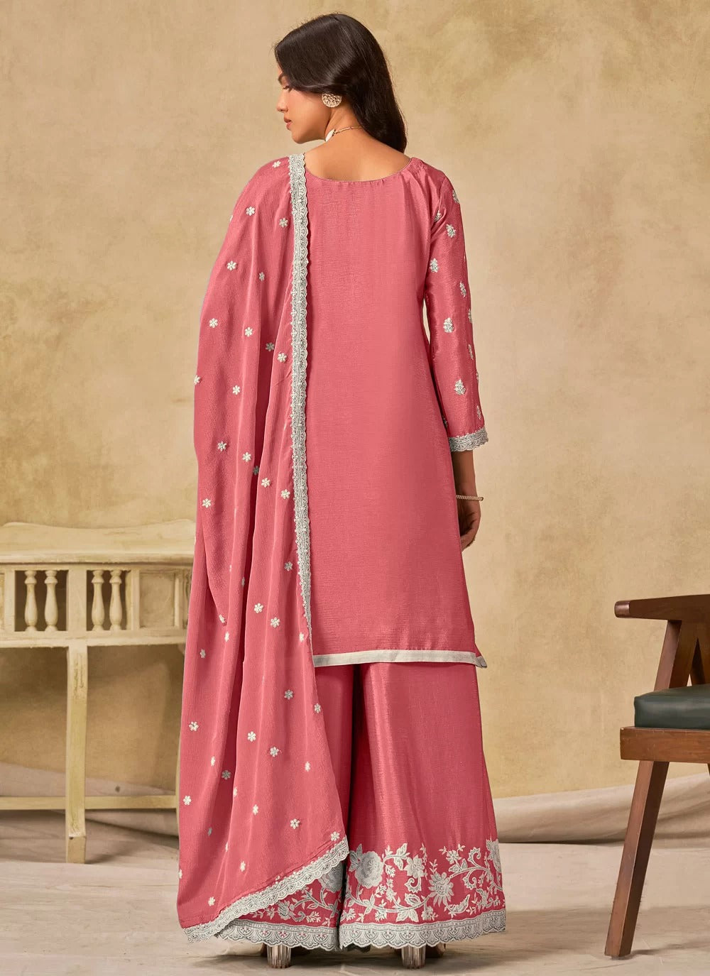Elegant pink chinnon silk embroidered palazzo suit set for women