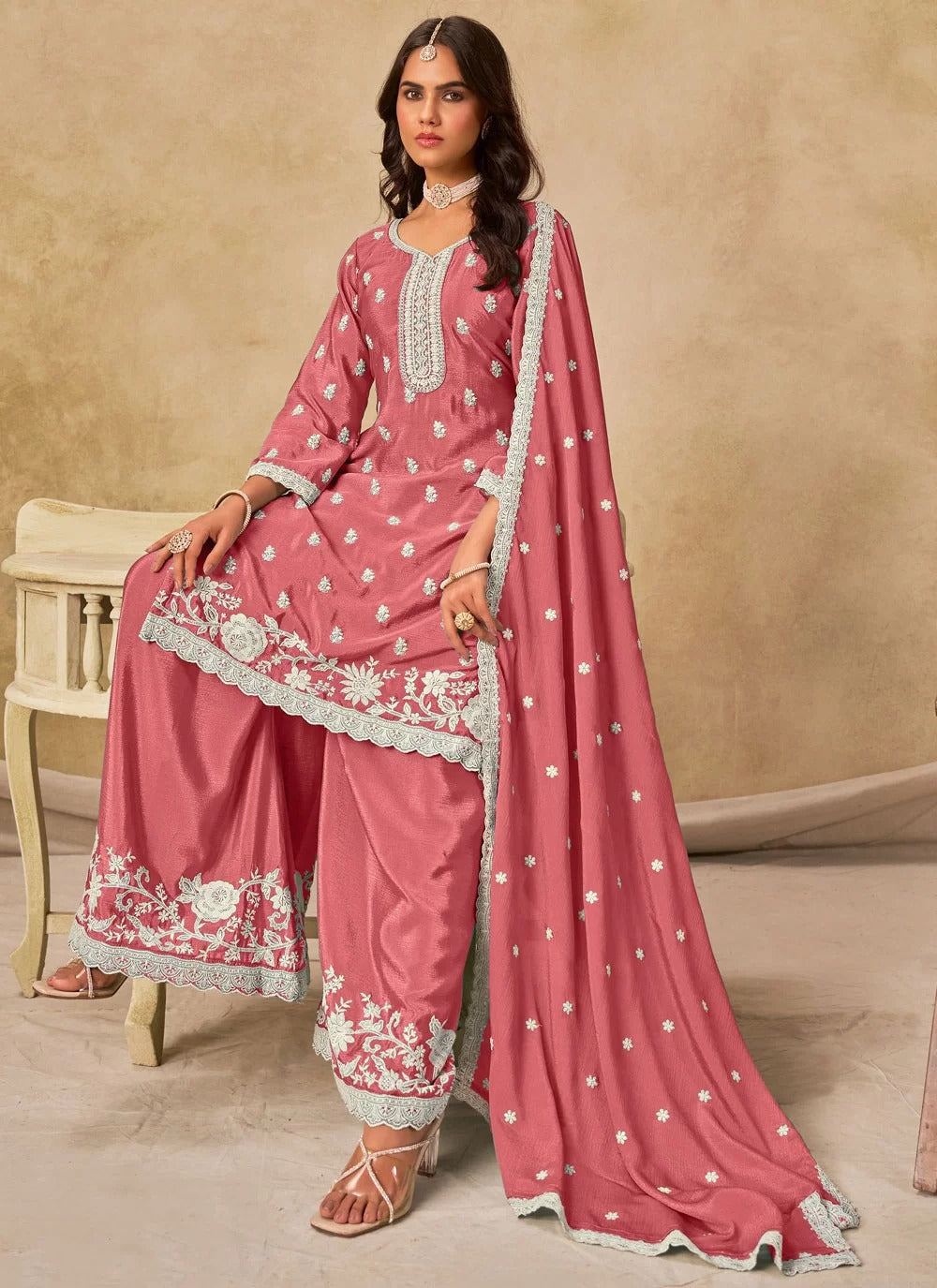 Elegant pink chinnon silk embroidered palazzo suit set for women