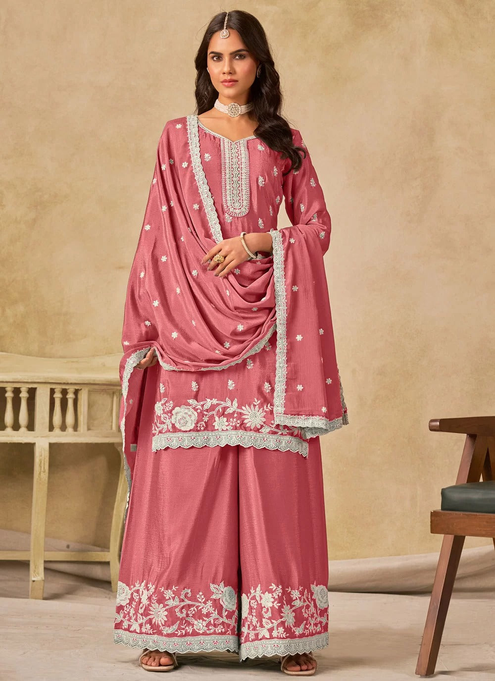 Elegant pink chinnon silk embroidered palazzo suit set for women