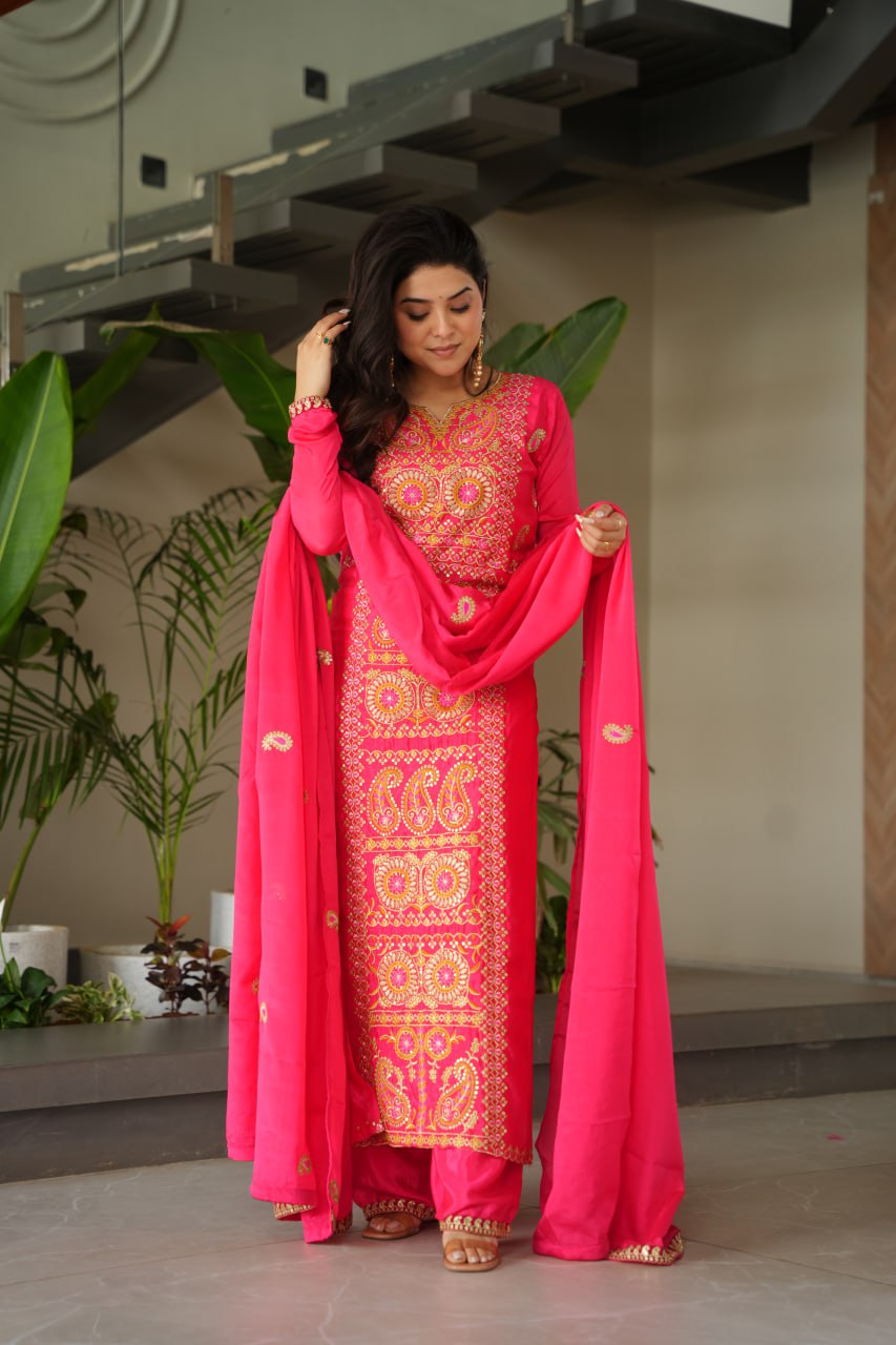 Pink Chinnon Silk Embroidered Top Pant Set