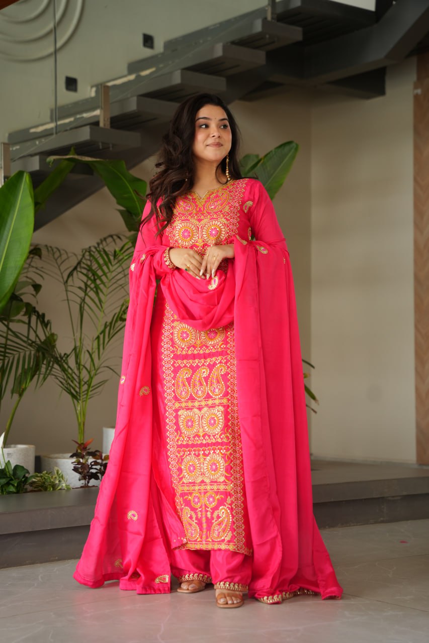 Pink Chinnon Silk Embroidered Top Pant Set