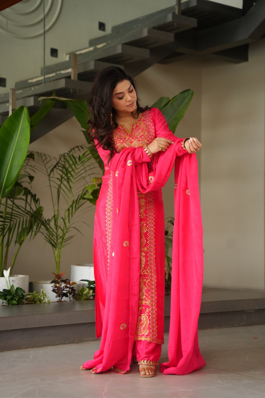 Pink Chinnon Silk Embroidered Top Pant Set