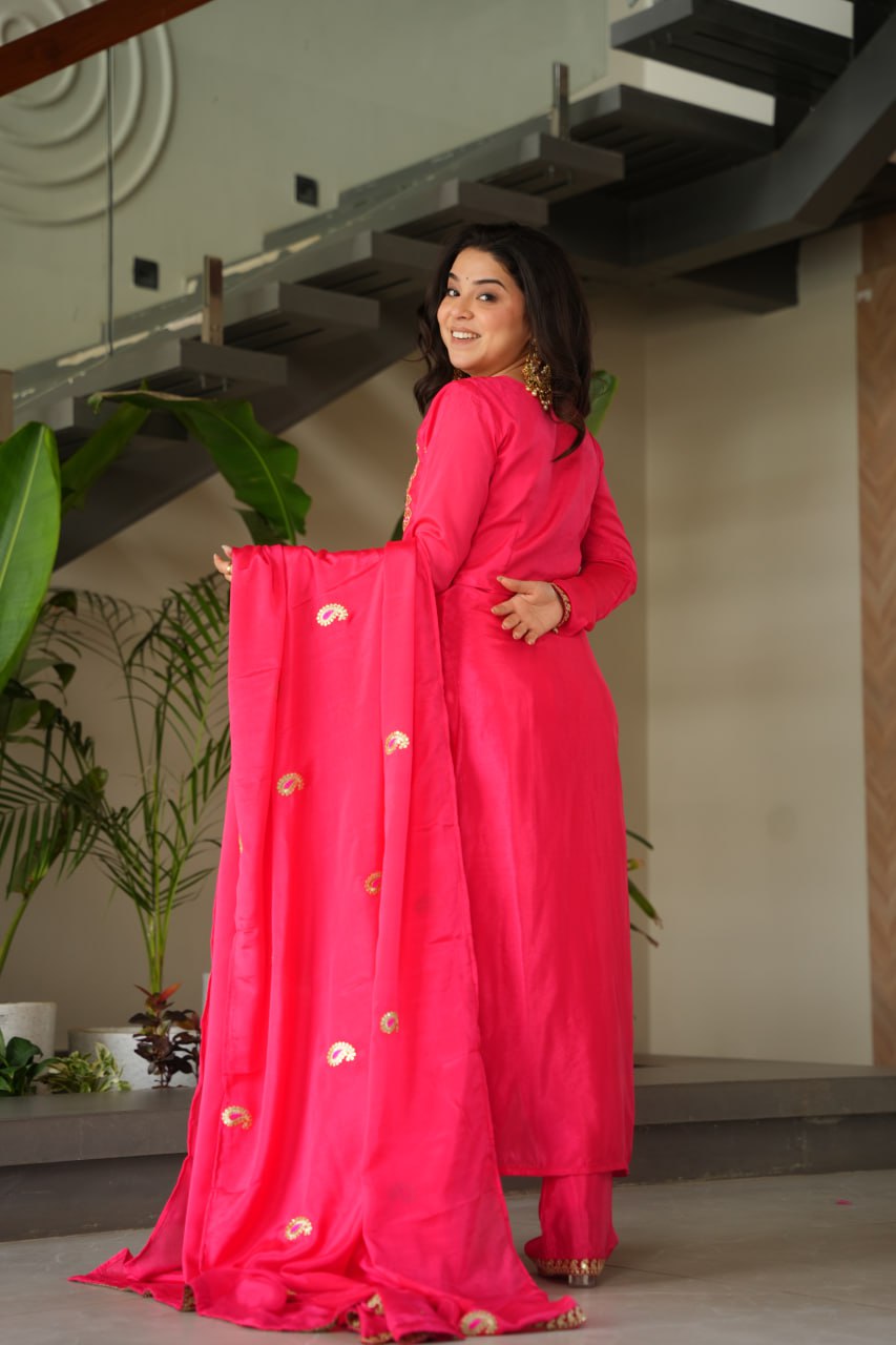 Pink Chinnon Silk Embroidered Top Pant Set