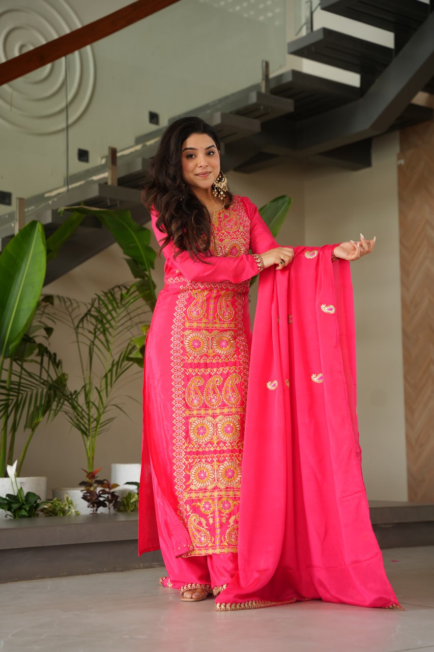 Pink Chinnon Silk Embroidered Top Pant Set