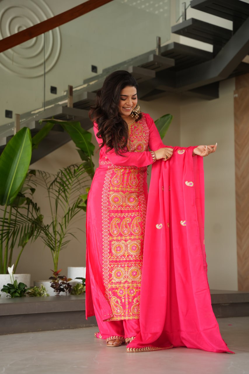 Pink Chinnon Silk Embroidered Top Pant Set