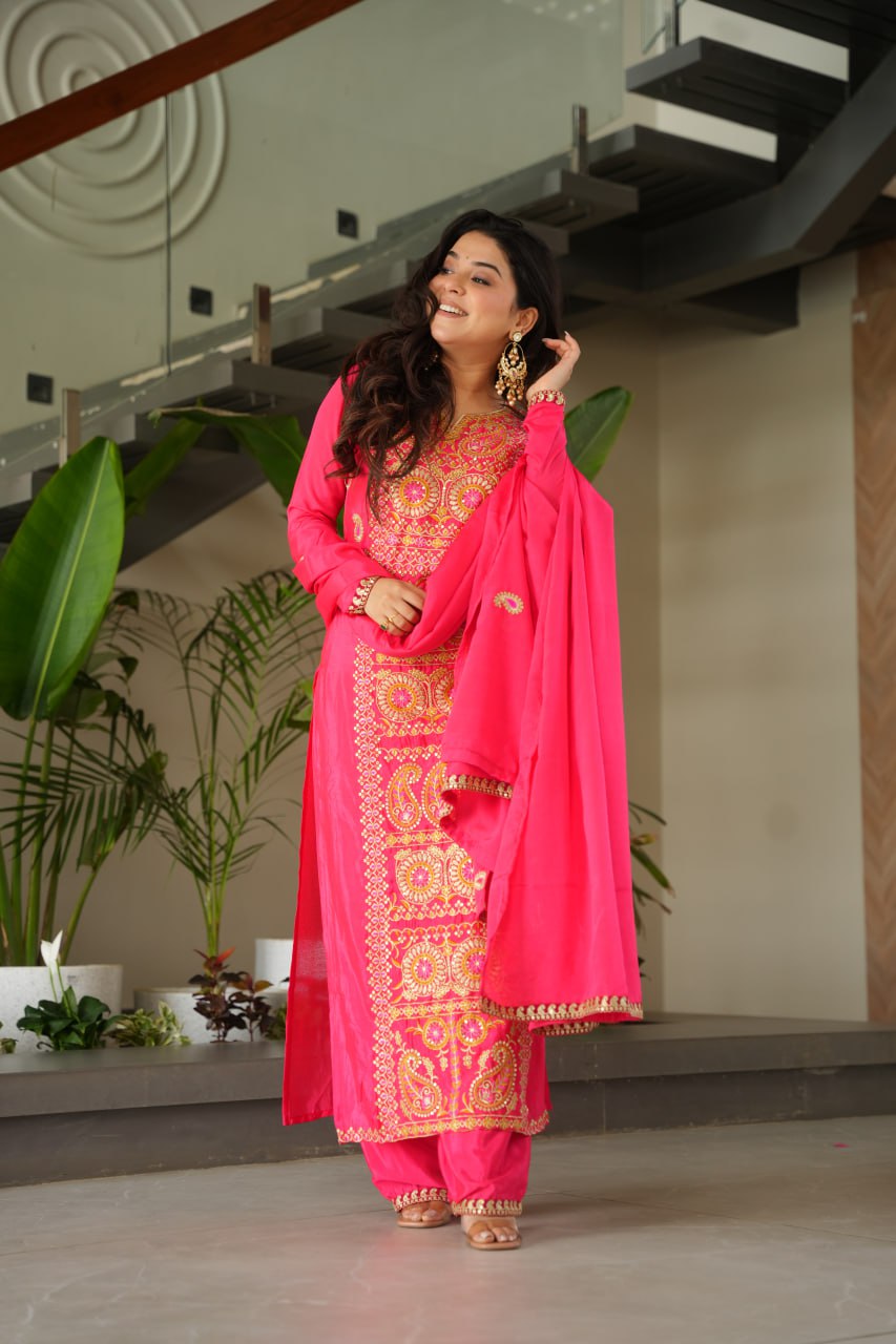 Pink Chinnon Silk Embroidered Top Pant Set