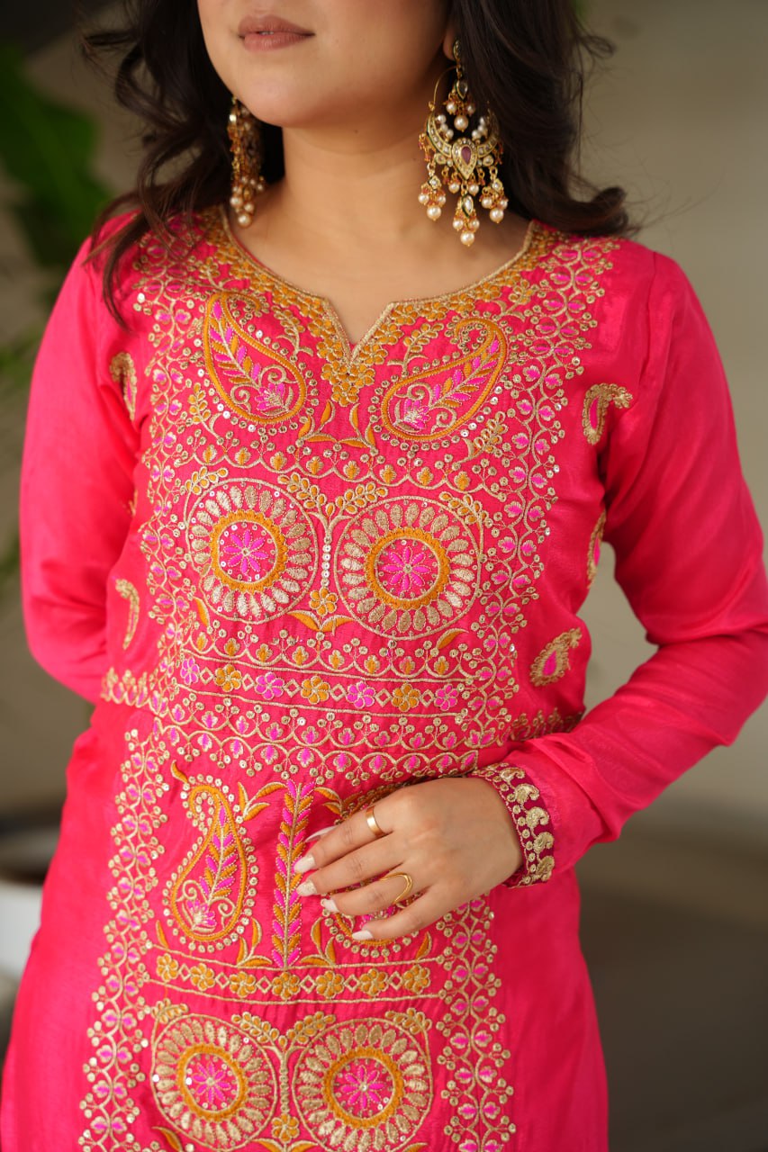 Pink Chinnon Silk Embroidered Top Pant Set