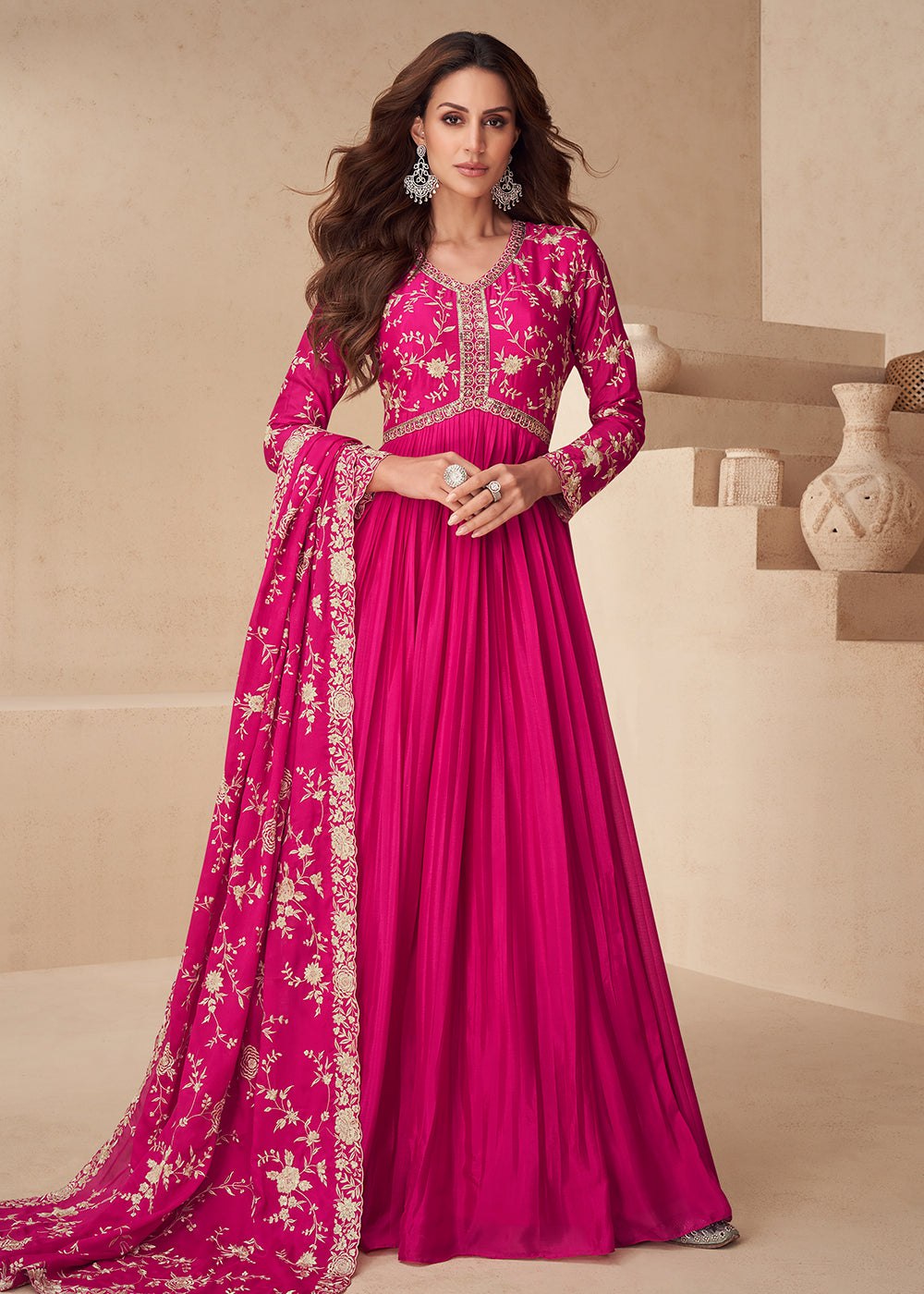 Pink Chinon Embroidered Gown