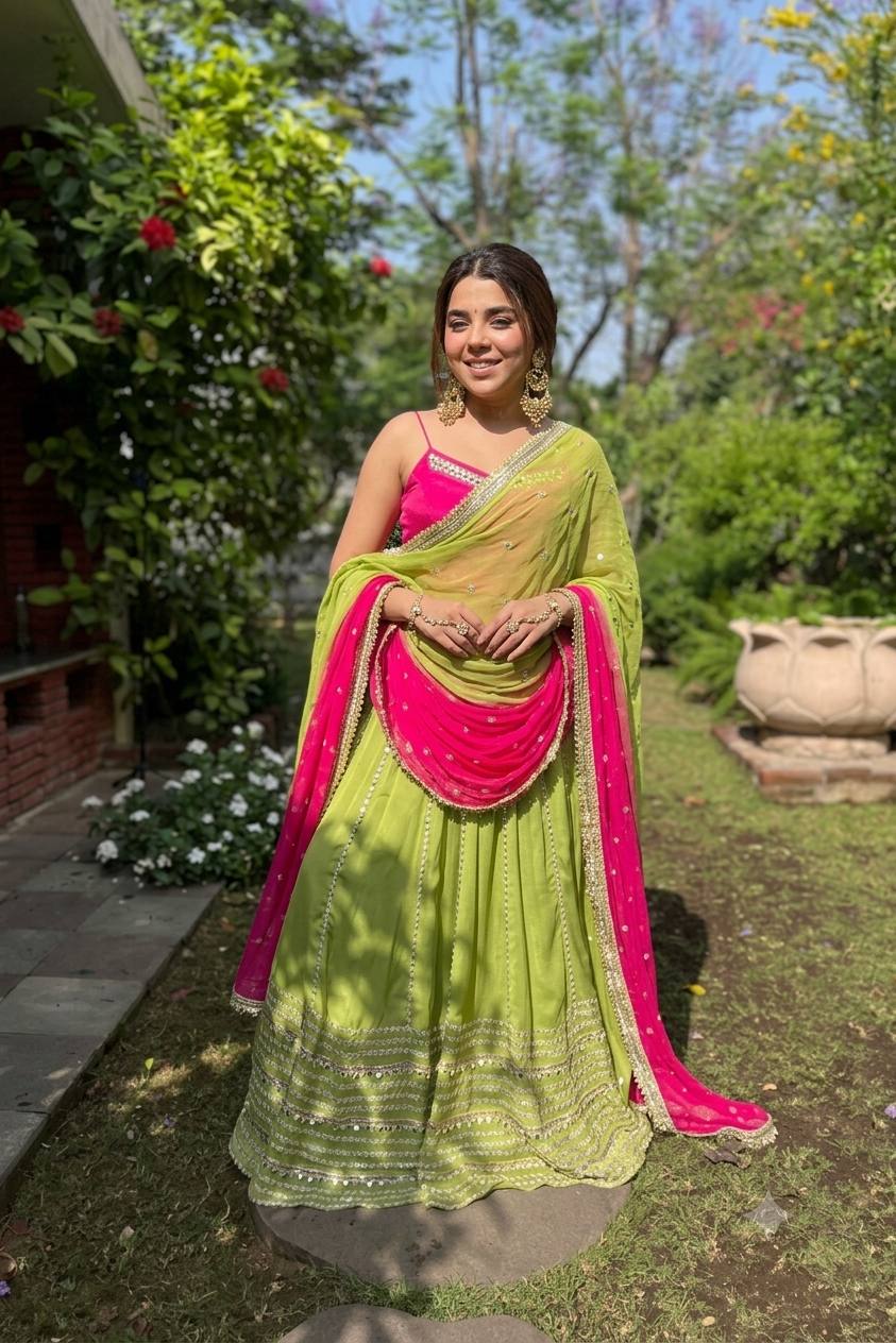 Pink Chinon Embroidered Top Lehenga Set