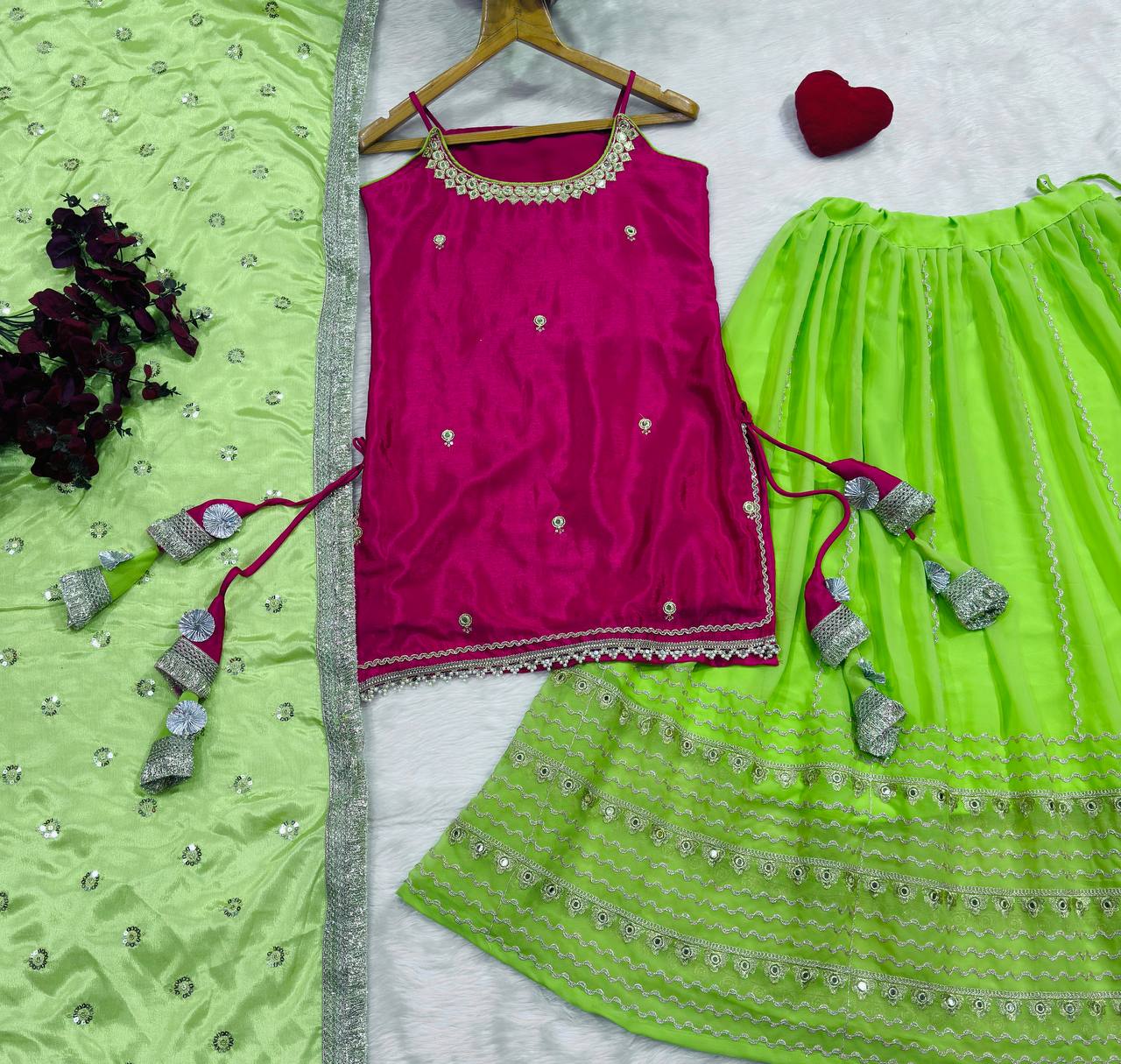 Pink Chinon Embroidered Top Lehenga Set