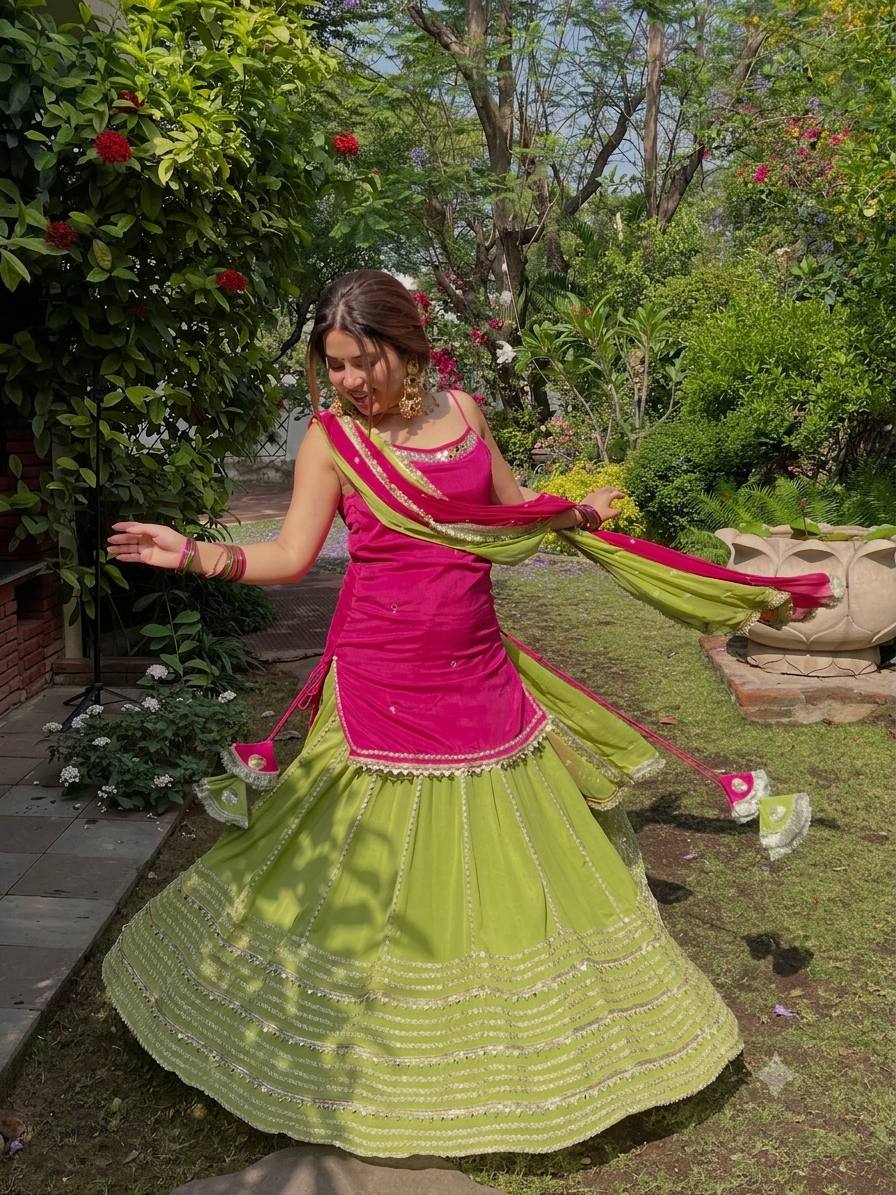 Pink Chinon Embroidered Top Lehenga Set