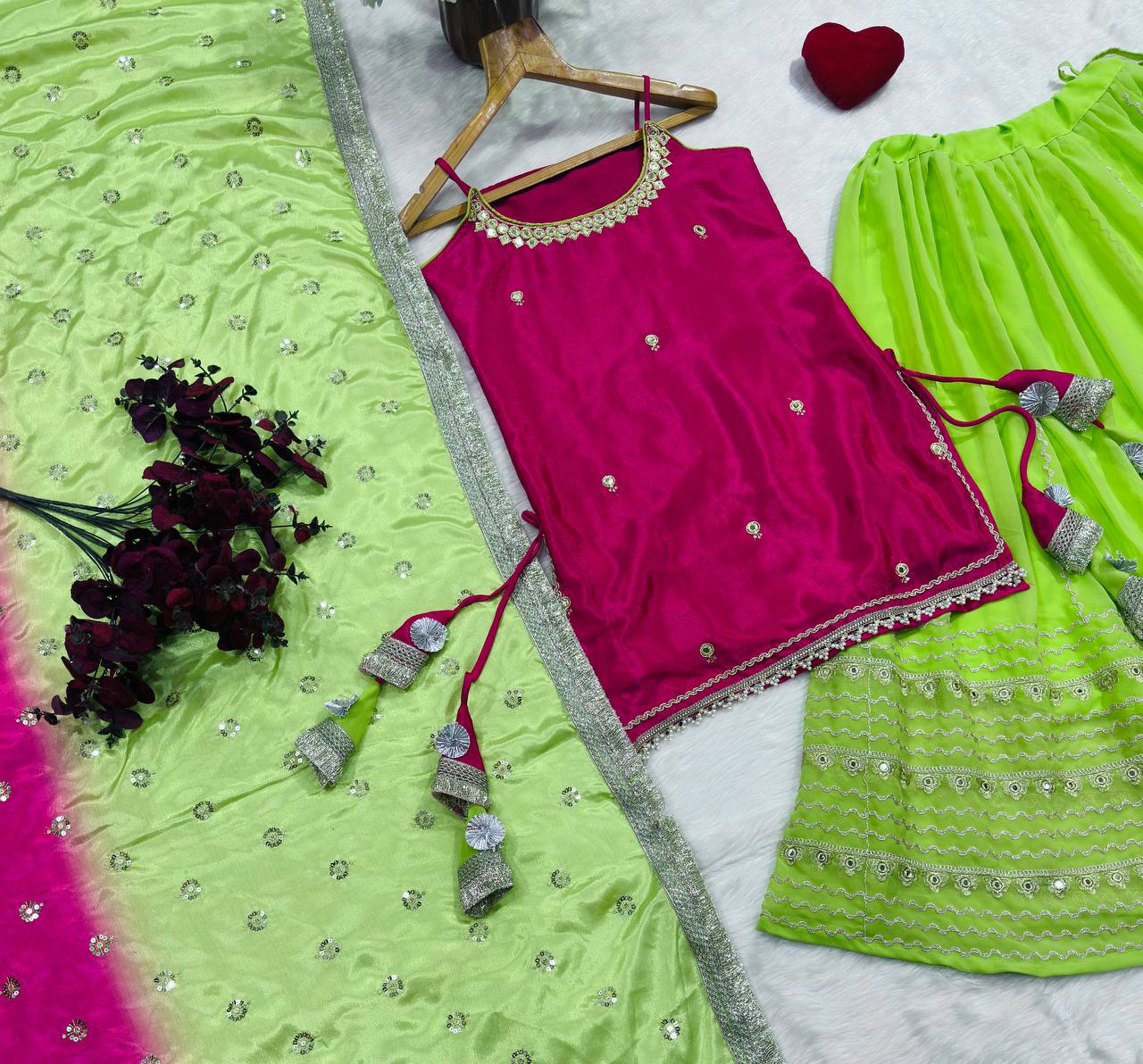 Pink Chinon Embroidered Top Lehenga Set