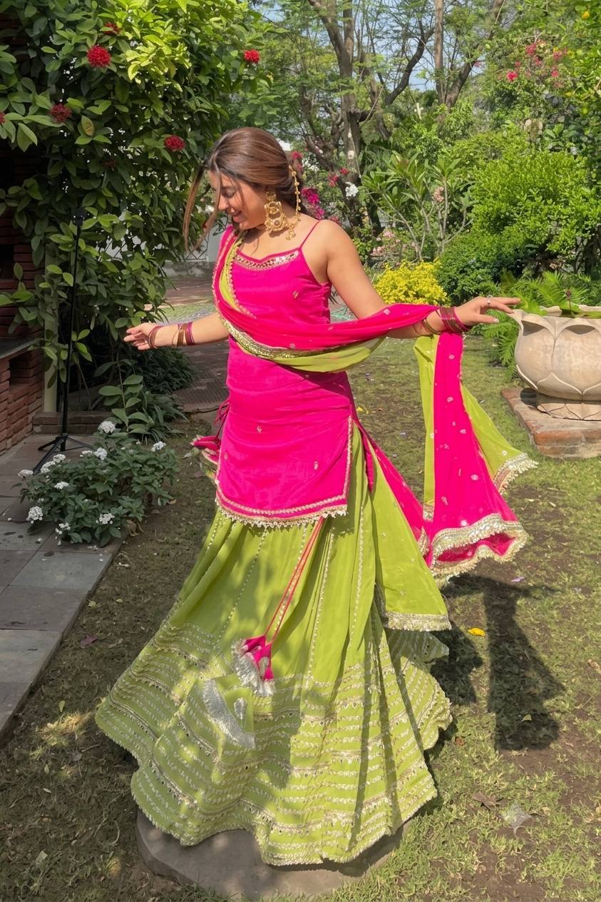 Pink Chinon Embroidered Top Lehenga Set