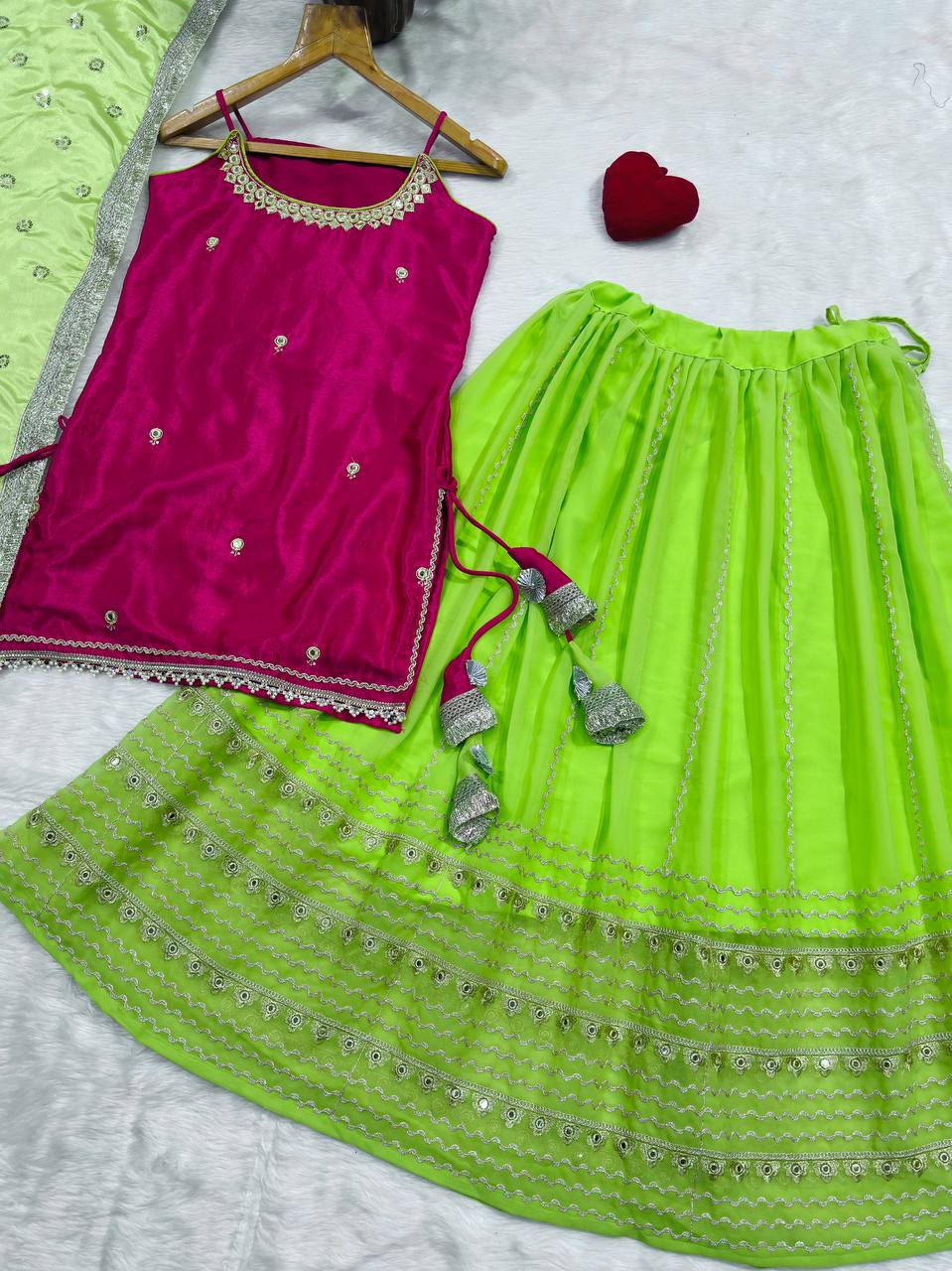 Pink Chinon Embroidered Top Lehenga Set