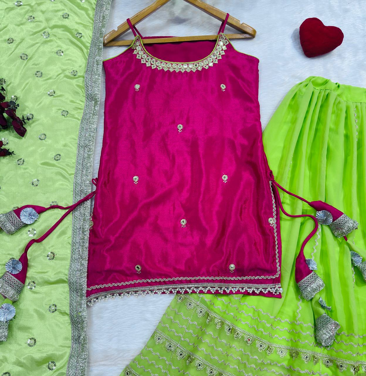 Pink Chinon Embroidered Top Lehenga Set