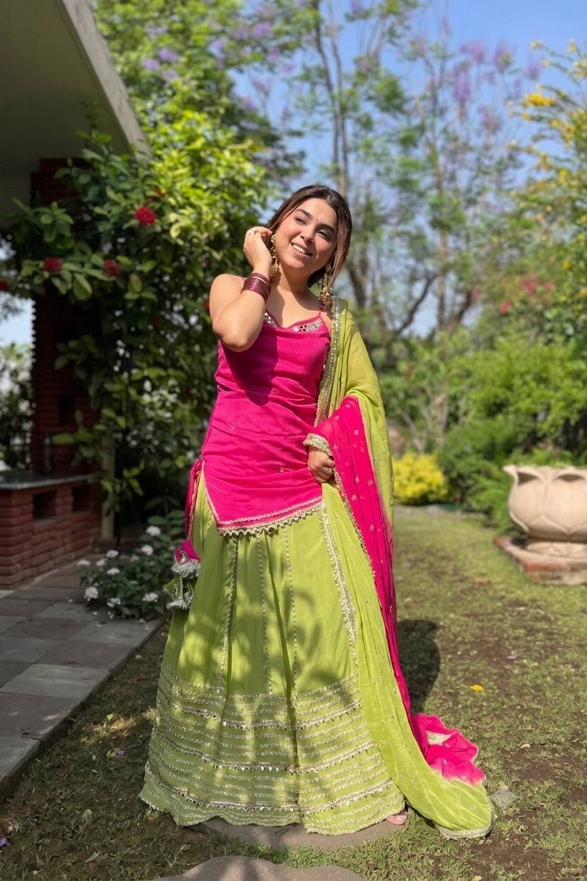 Pink Chinon Embroidered Top Lehenga Set
