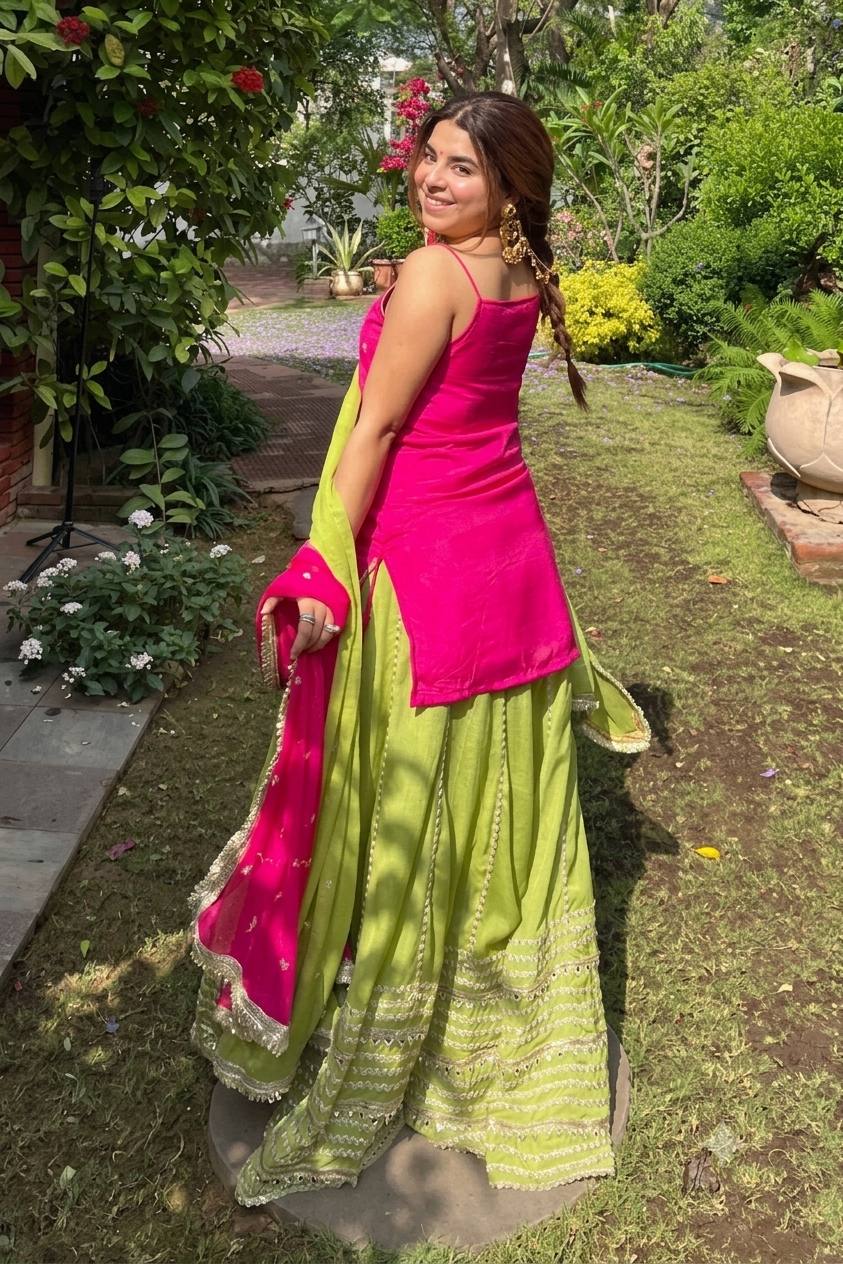 Pink Chinon Embroidered Top Lehenga Set