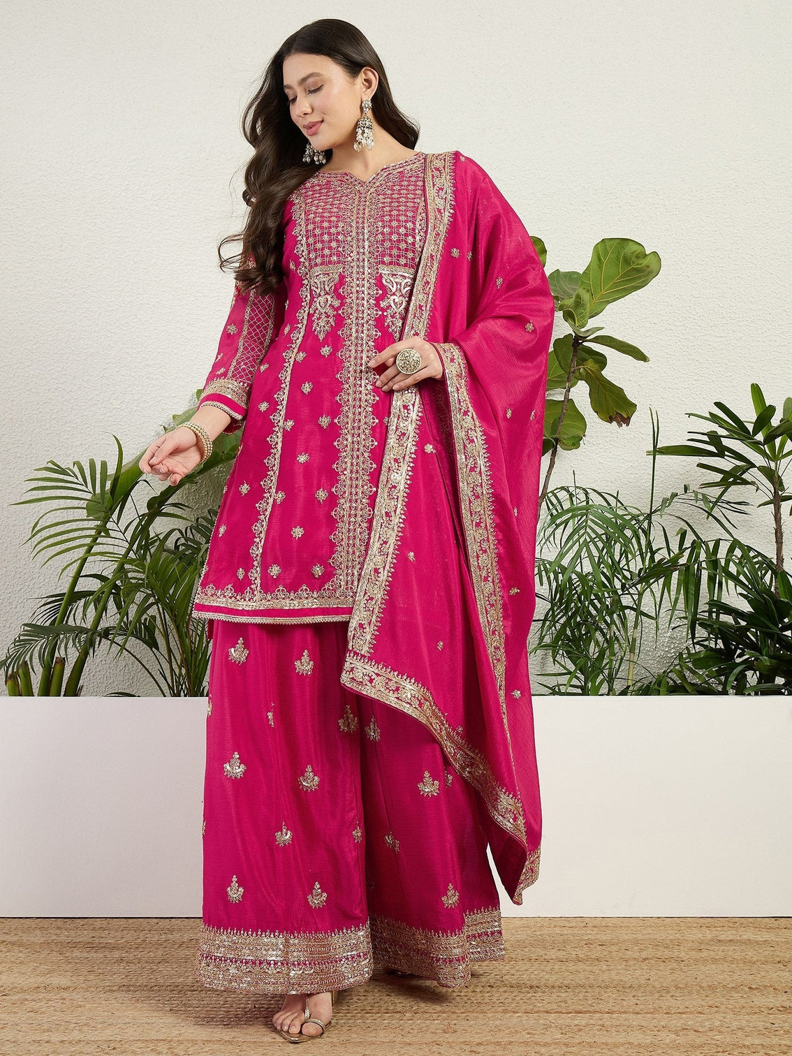 Pink Chinon Kurta Palazzo Set