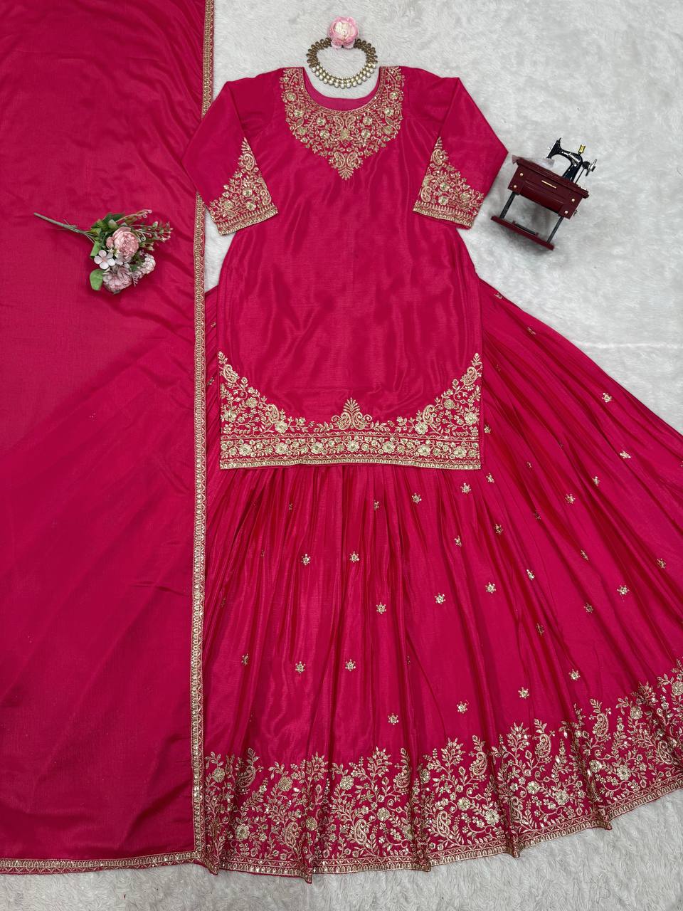 Pink Chinon Silk Lehenga Set with Sequin Work & Lace Border Dupatta  Full-Stitched Traditional Wear