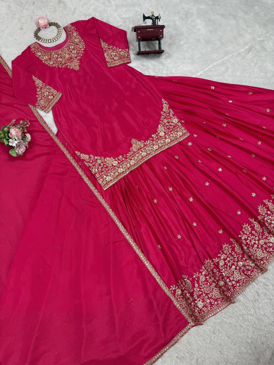 Pink Chinon Silk Lehenga Set with Sequin Work & Lace Border Dupatta  Full-Stitched Traditional Wear