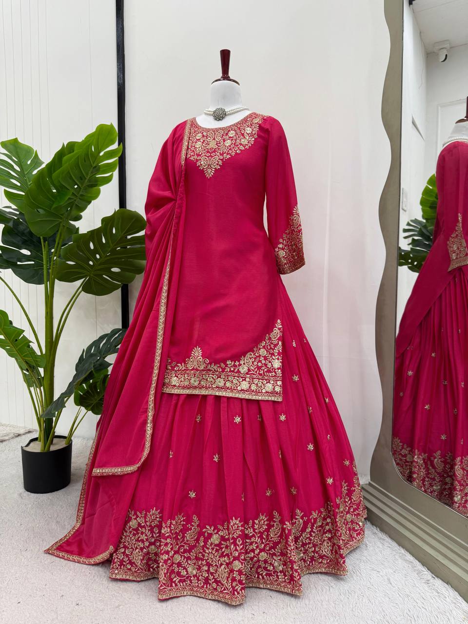 Pink Chinon Silk Lehenga Set with Sequin Work & Lace Border Dupatta  Full-Stitched Traditional Wear