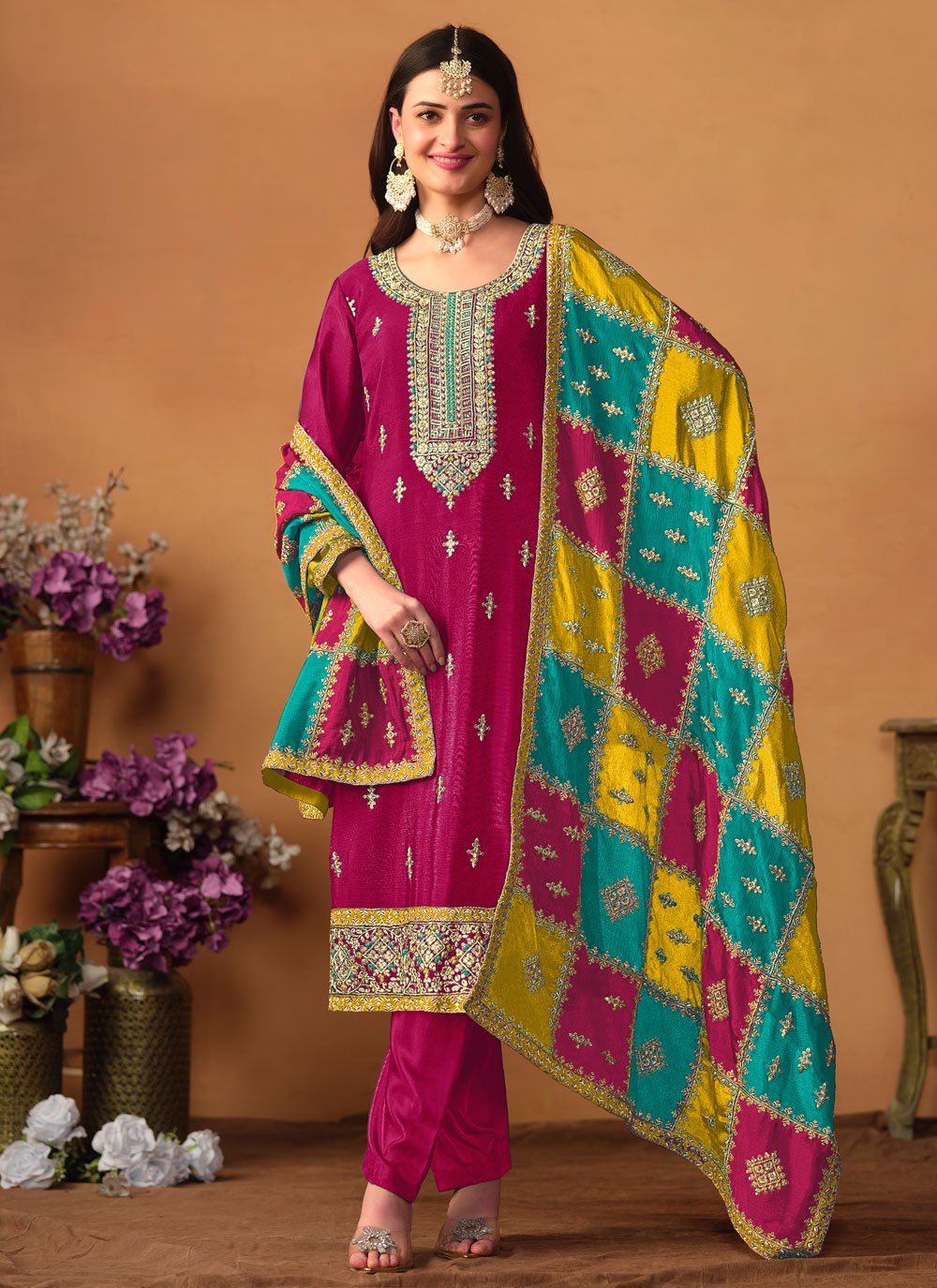 Pink chinon silk pakistani embroidered suit