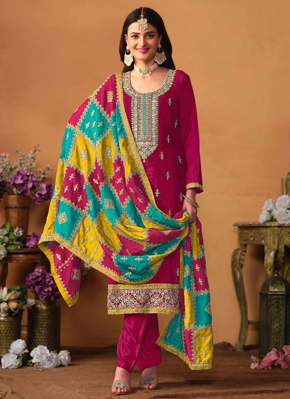 Pink chinon silk pakistani embroidered suit
